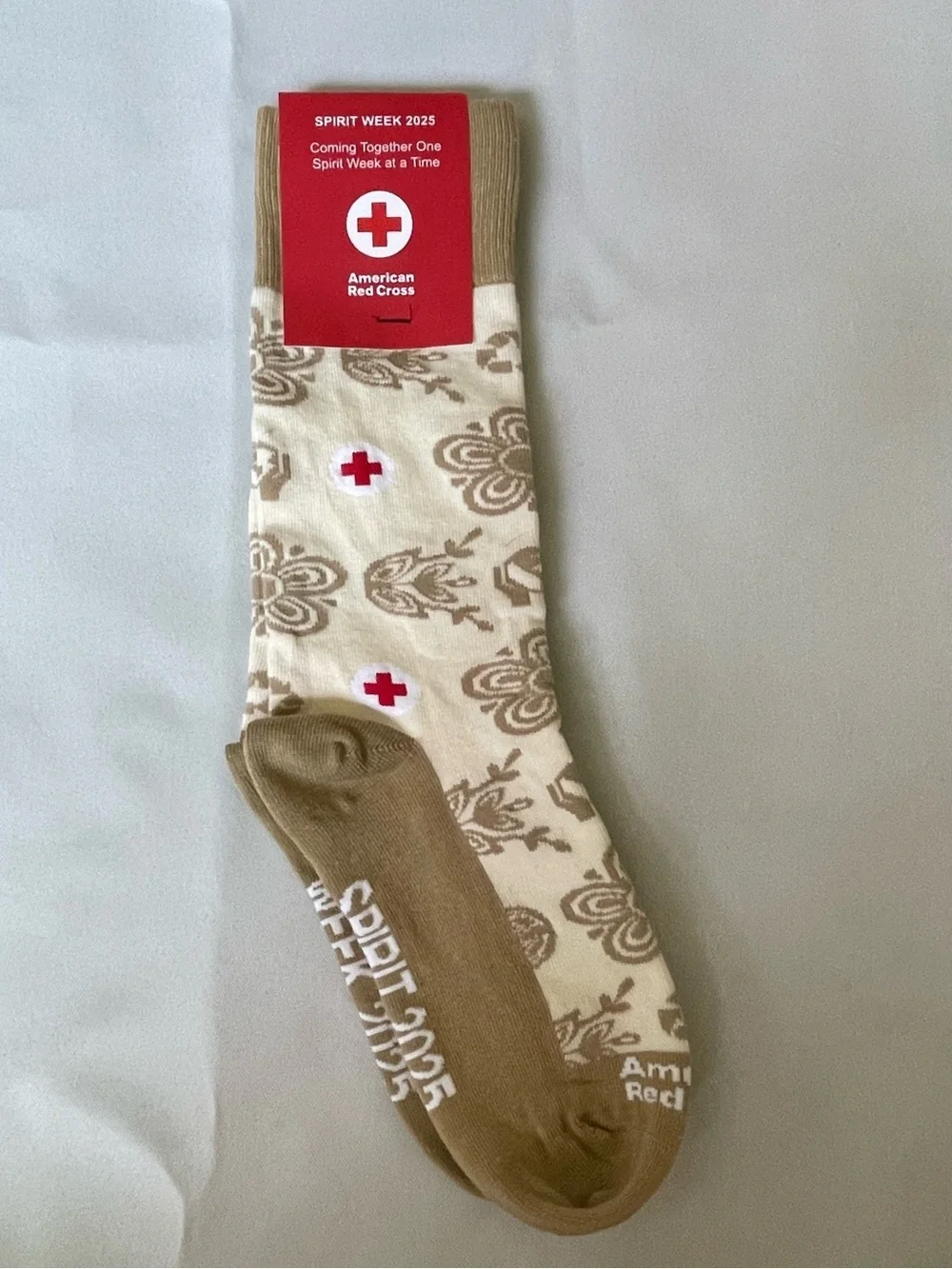 American Red Cross Spirit Week 2025 Crew Socks Floral Tan Cream Medium NWT